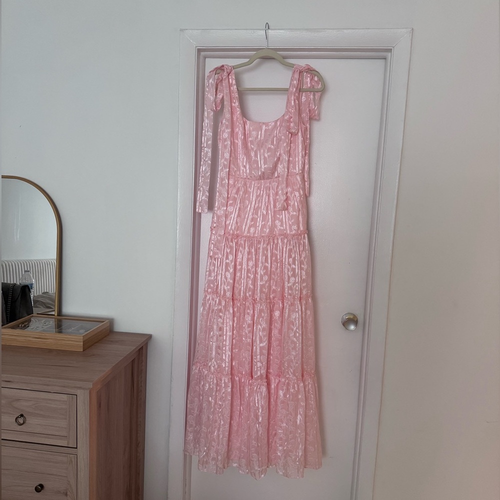 Lulus Picturesque Allure Blush Pink Jacquard Tie-Strap Maxi Dress